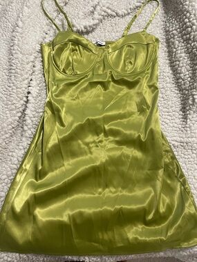 Satin Spaghetti Strap Slip Dress in Olive Green
